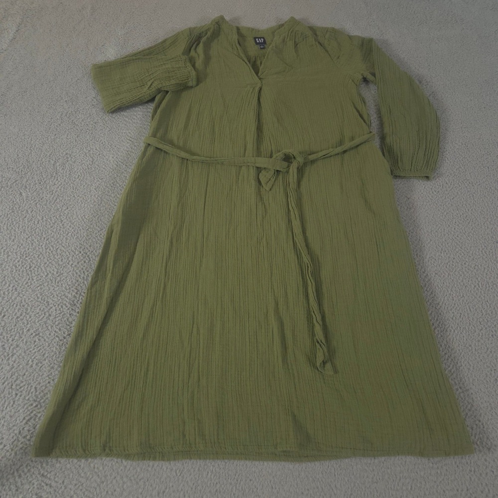 Gap Dress Womens L Petite Olive Crinkle Gauze V-Neck Tie Waist Midi Long Sleeve